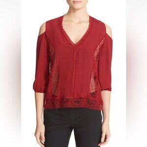 $285 NWT Alice Olivia Farah Lace Inset Silk Cold Shoulder Top